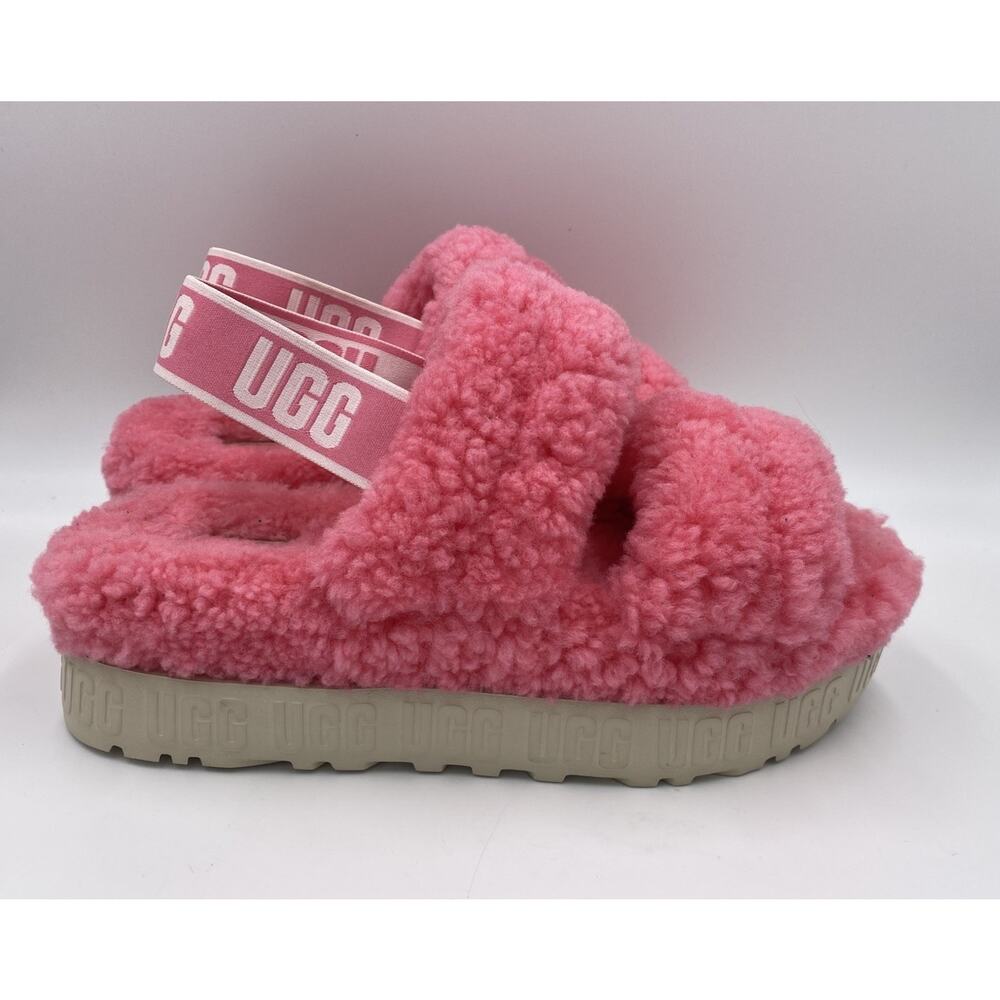 UGG Oh Fluffita Slip On Sandals Hot Pink Rose Platform Furry Sheepskin Size 8